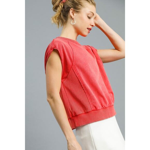 Umgee Round Neck Raglan Sleeves Vibrant Coral Relaxed Casual Ribbed Sweatshirt - Picture 3 of 4
